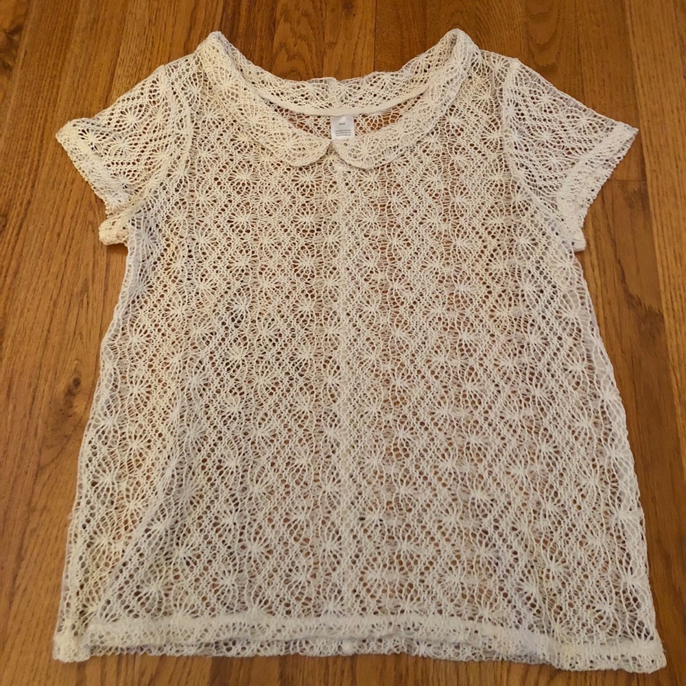 see through embroidery collared blouse
